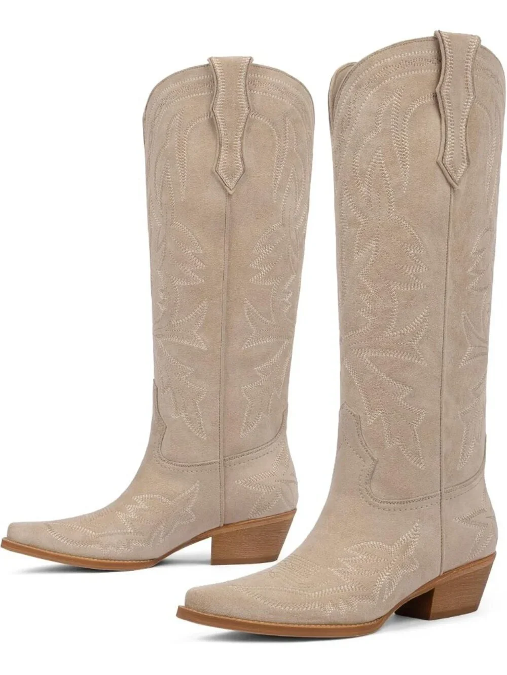 Women's Suede tan Knee High Boots Embroidered Pull on Pointed Toe Chunky Heel